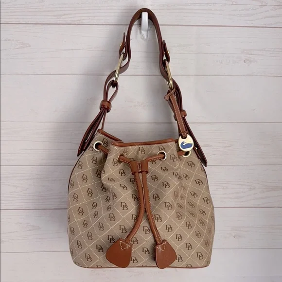 Dooney & Bourke Brown and Tan Monogram Drawstring Backpack Genuine Vintage DOONEY & BOURKE Taupe Leather Bucket  main image 4